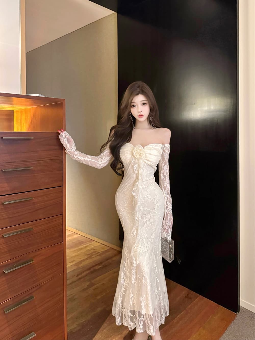 실사 순수한 욕망 달콤함 부드러운 품격 레이스 레이스 패션 슬림해 보이는 타이트 스커트 인어 꼬리 드레스