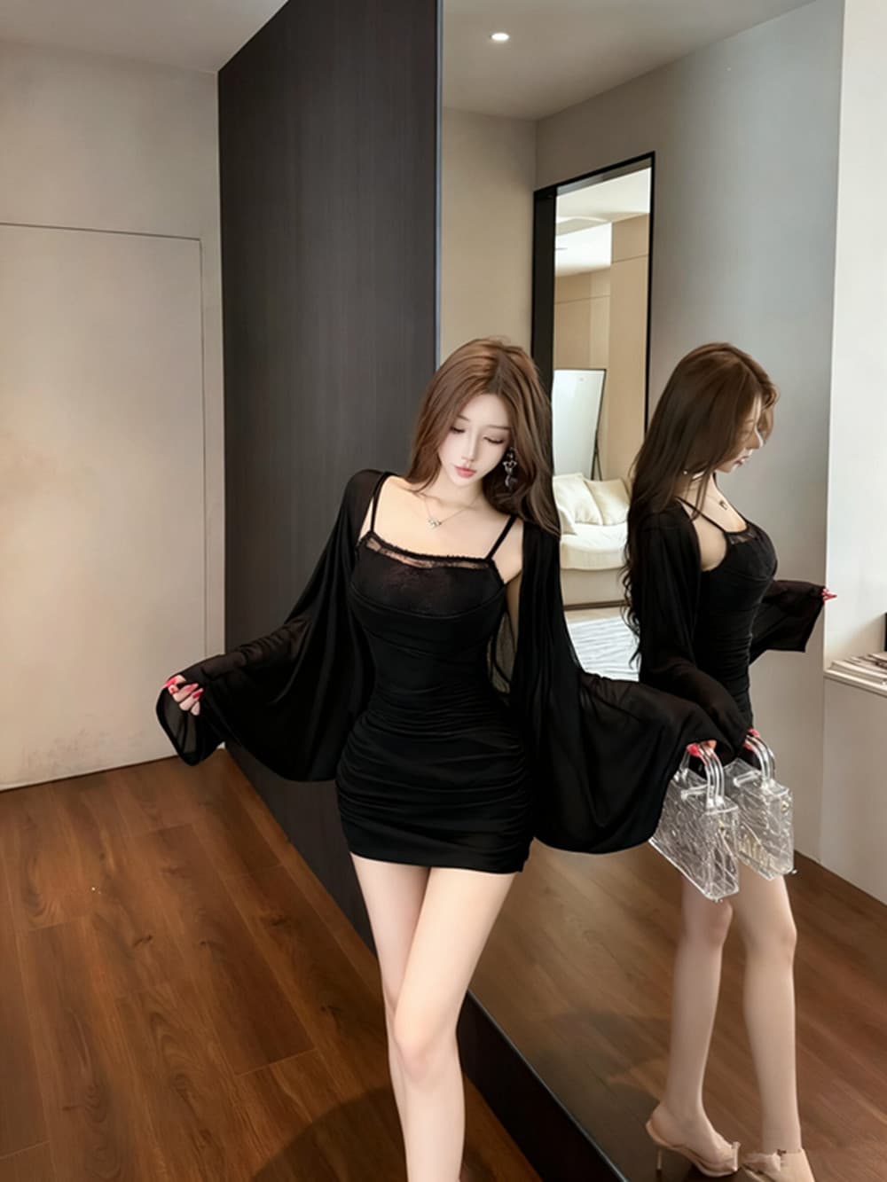 실사 레트로 로얄 자매 망사 섹시함 슬립 드레스 레이스 조각 긴팔 투피스 세트 세트 상세 이미지 8