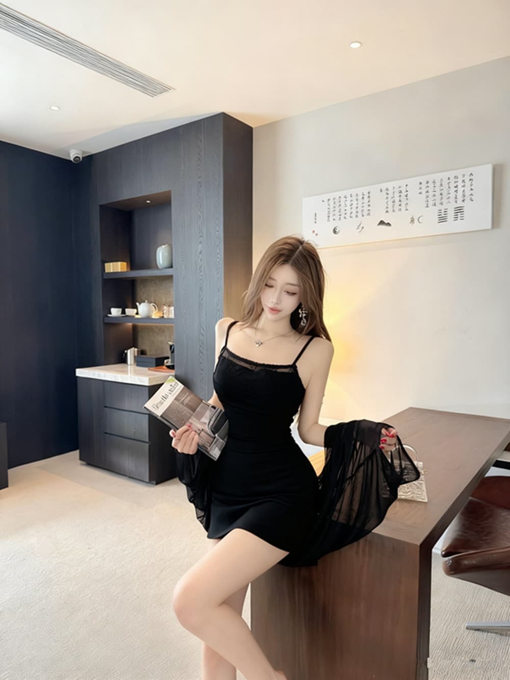 실사 레트로 로얄 자매 망사 섹시함 슬립 드레스 레이스 조각 긴팔 투피스 세트 세트 상세 이미지 10