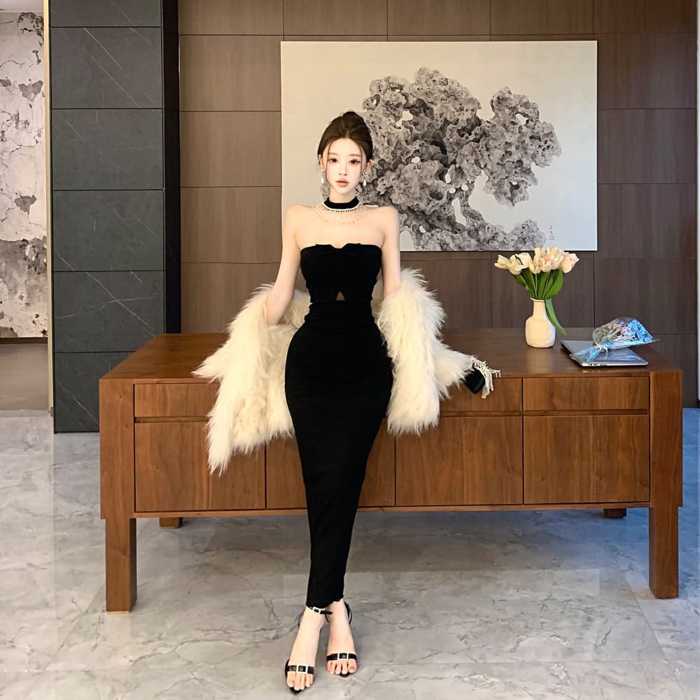 실사 명문 여성 품격 고급 센스 백리스 나비 매듭 무거운 작업 못 훈련 행침 목 섹시함 검정색 튜브탑 예복 치마 이미지 4