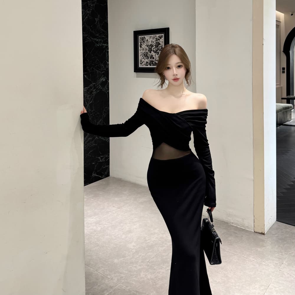 실사 프랑스식 품격 오프숄더 섹시함 마이크로 ~을 통해 망사 패치워크 긴팔 슬림해 보이는 타이트 스커트 드레스 이미지 2