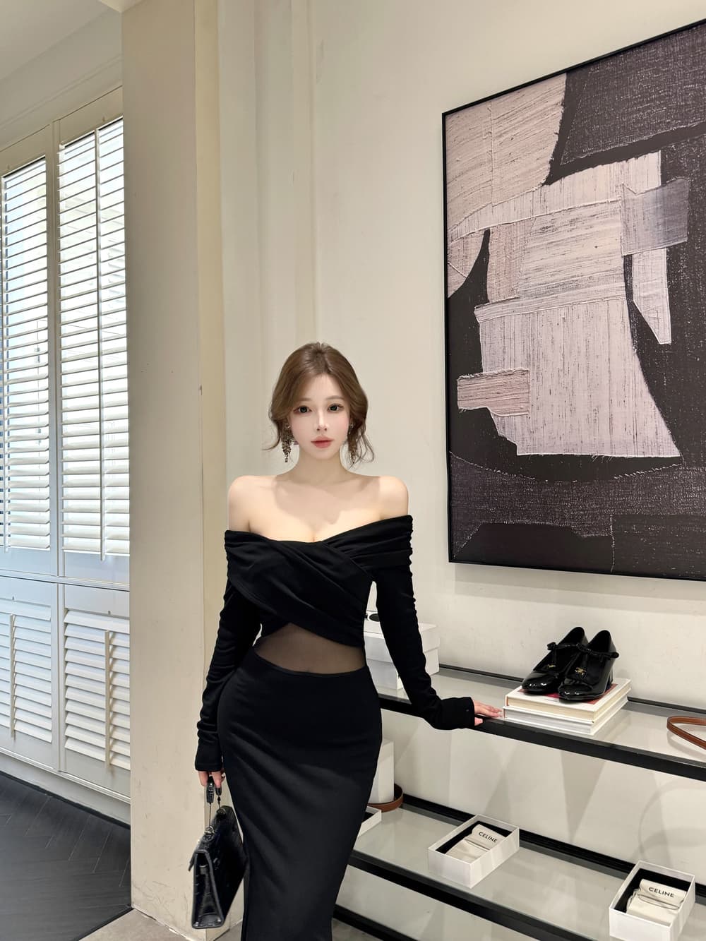 실사 프랑스식 품격 오프숄더 섹시함 마이크로 ~을 통해 망사 패치워크 긴팔 슬림해 보이는 타이트 스커트 드레스 상세 이미지 3