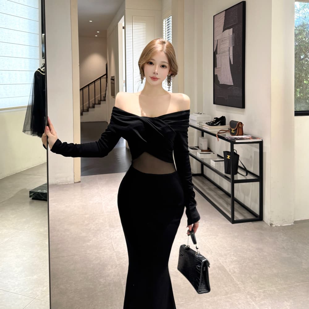 실사 프랑스식 품격 오프숄더 섹시함 마이크로 ~을 통해 망사 패치워크 긴팔 슬림해 보이는 타이트 스커트 드레스 상세 이미지 9