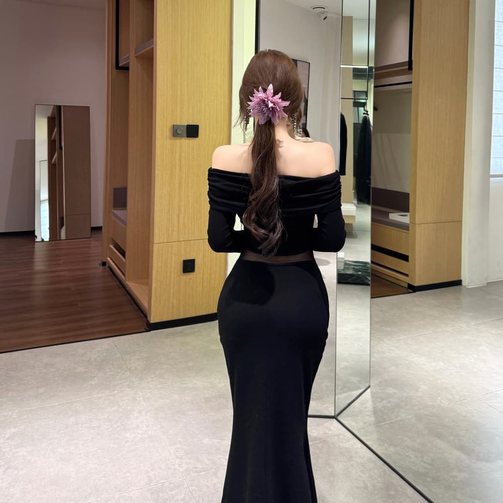 실사 프랑스식 품격 오프숄더 섹시함 마이크로 ~을 통해 망사 패치워크 긴팔 슬림해 보이는 타이트 스커트 드레스 상세 이미지 11