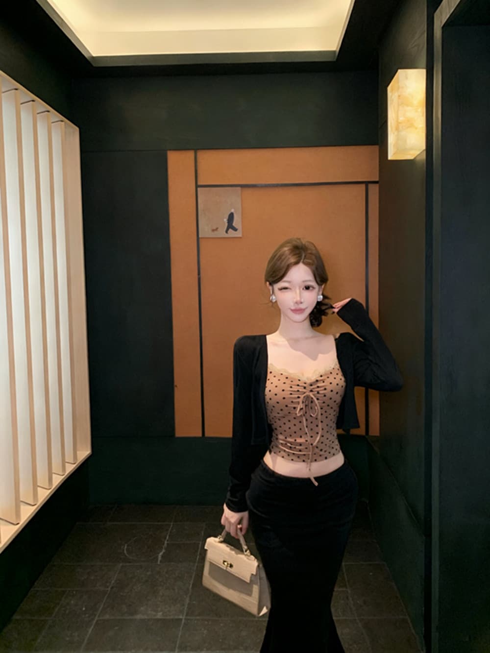 실사 순수한 욕망 레이스 조각 도트 무늬 캐미솔 긴팔 오픈 가디건 인어 꼬리 반신 스커트 3종 세트 세트 상세 이미지 4