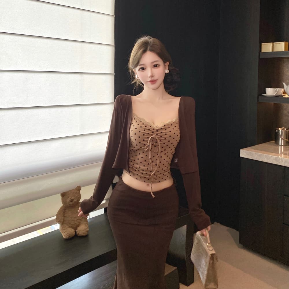 실사 순수한 욕망 레이스 조각 도트 무늬 캐미솔 긴팔 오픈 가디건 인어 꼬리 반신 스커트 3종 세트 세트 상세 이미지 9