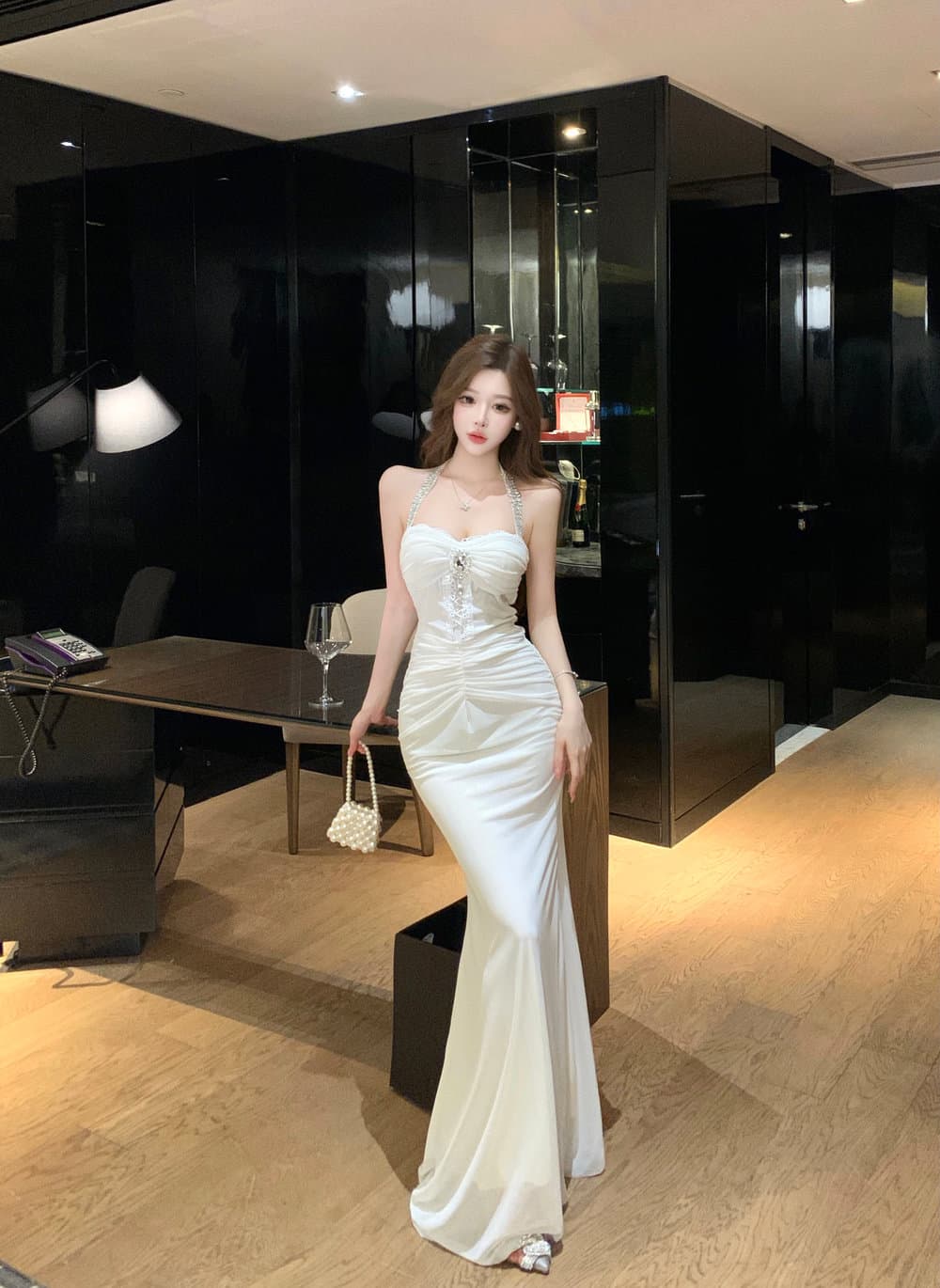 실사 품격 명문 여성 고급 센스 무거운 작업 훈련 행침 목 망사 섹시함 홀로우 아웃 주름 허리 수축 인어 꼬리 타이트 스커트 상세 이미지 1