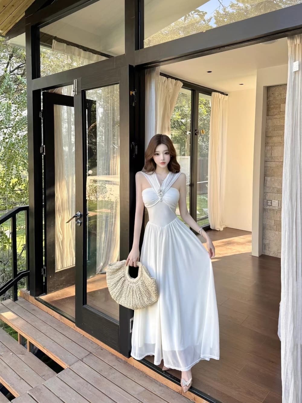 실사 프랑스식 순수한 욕망 디자인 센스 해변가 휴가 오프숄더 주름 튜브탑 분위기 센스 예복 드레스 상세 이미지 1