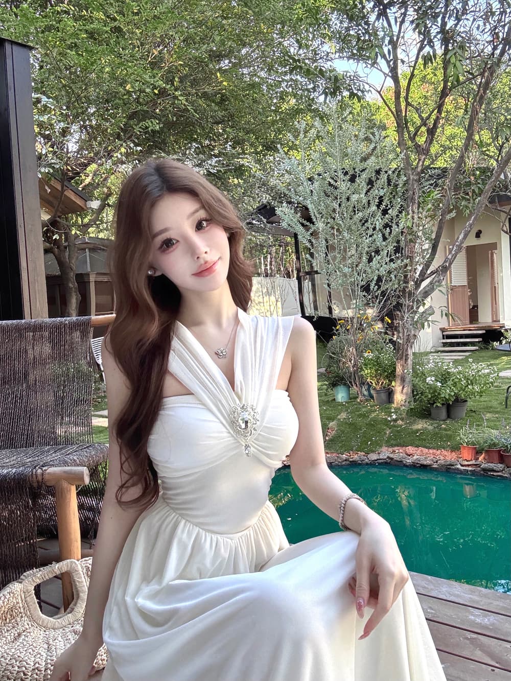 실사 프랑스식 순수한 욕망 디자인 센스 해변가 휴가 오프숄더 주름 튜브탑 분위기 센스 예복 드레스 상세 이미지 3