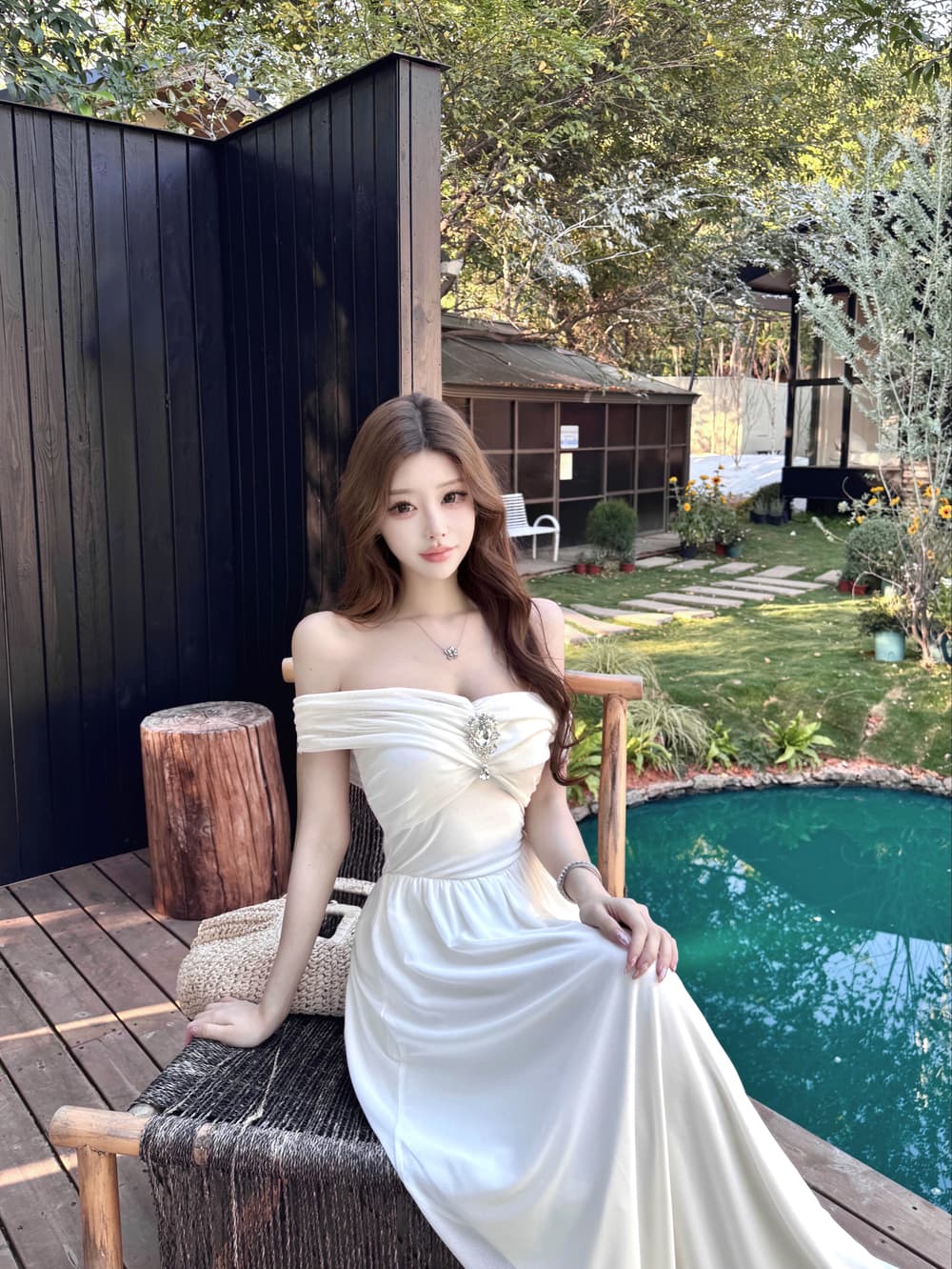 실사 프랑스식 순수한 욕망 디자인 센스 해변가 휴가 오프숄더 주름 튜브탑 분위기 센스 예복 드레스 상세 이미지 9