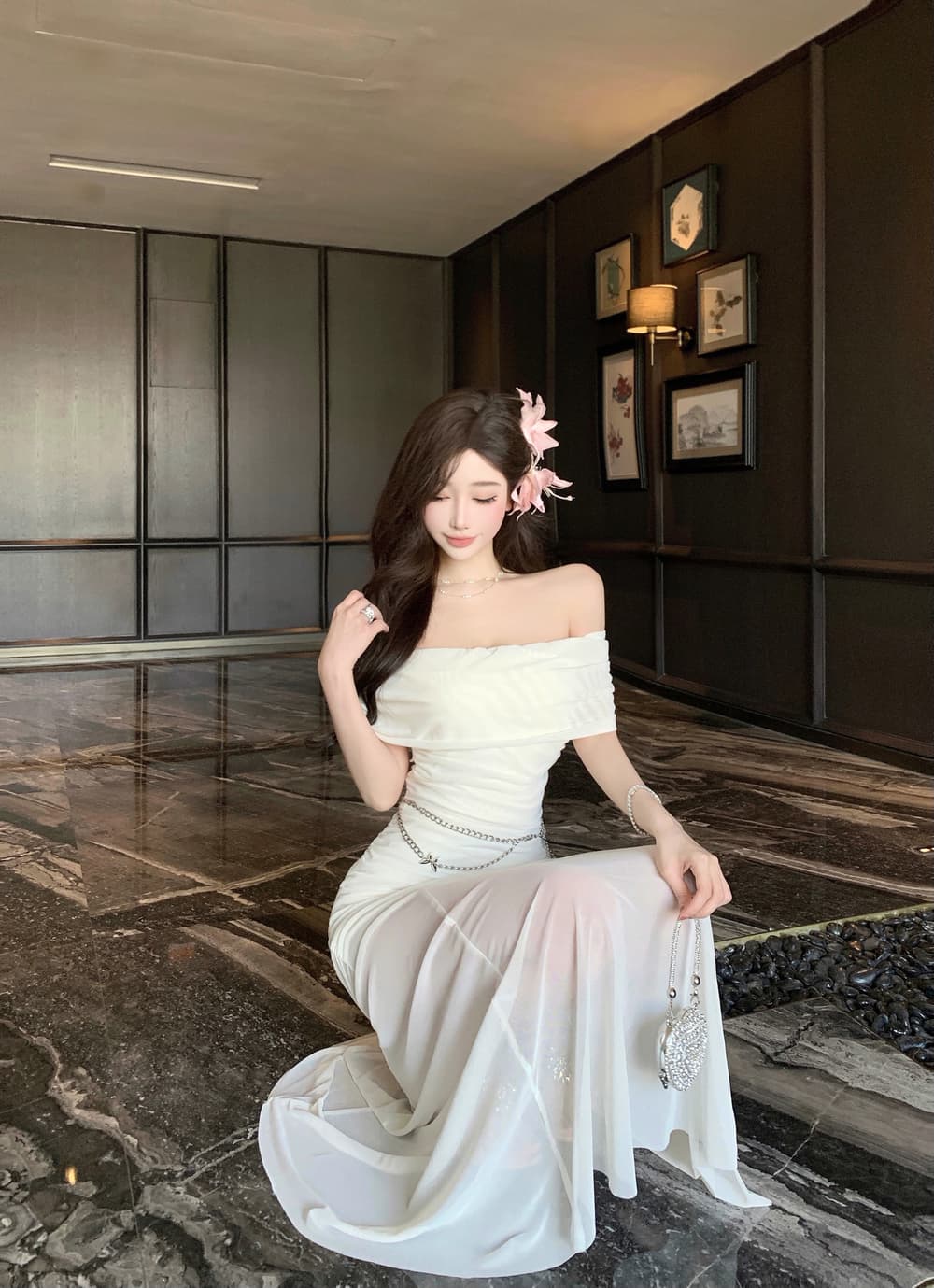 실사 순수한 욕망 망사 오프숄더 튜브탑 휴가 섹시함 핫걸 디자인 센스 허리 수축 타이트 스커트 드레스