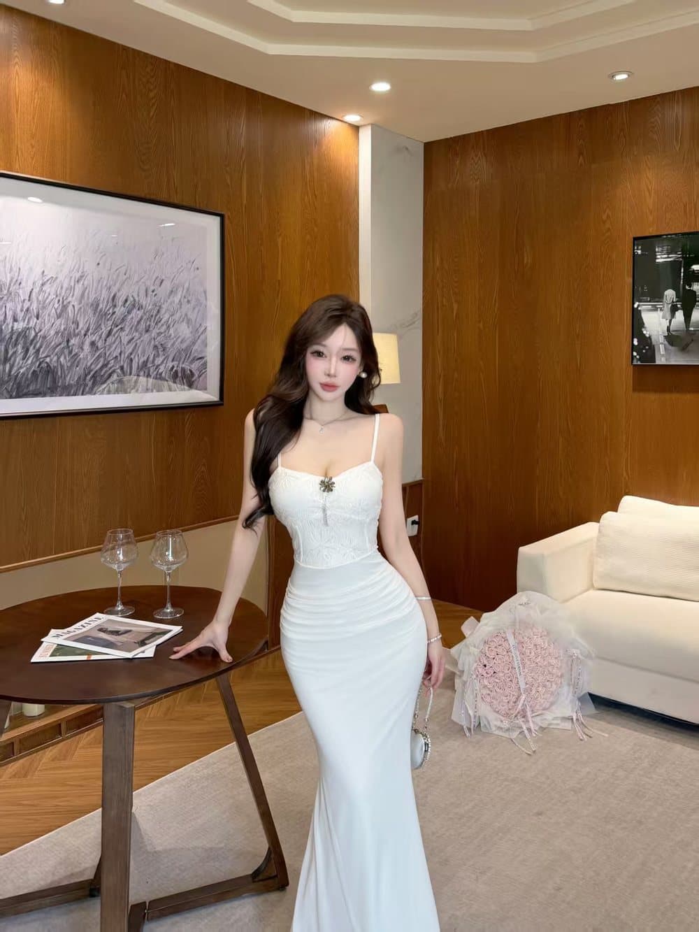 실사 명문 여성 품격 디자인 센스 인어 꼬리 슬립 예복 슬림해 보이는 타이트 스커트 드레스 상세 이미지 4