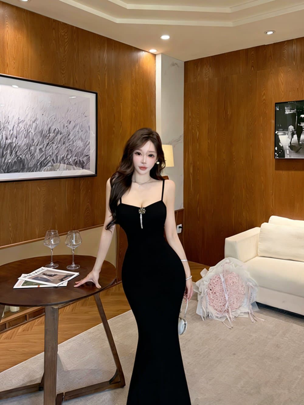 실사 명문 여성 품격 디자인 센스 인어 꼬리 슬립 예복 슬림해 보이는 타이트 스커트 드레스 상세 이미지 17