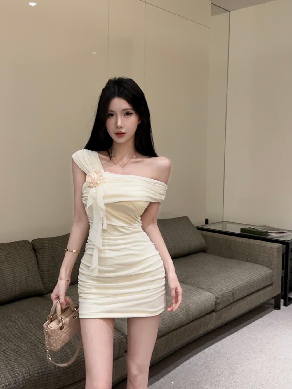 실사 순수한 욕망 섹시함 비스듬한 어깨 망사 3 차원 꽃 오프숄더 허리 수축 슬림해 보이는 타이트 스커트 드레스 상세 이미지 10