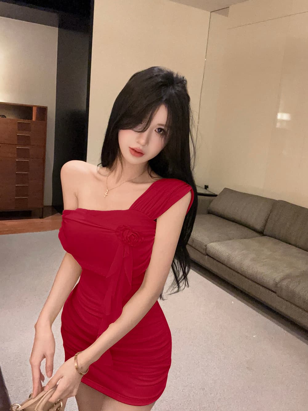 실사 순수한 욕망 섹시함 비스듬한 어깨 망사 3 차원 꽃 오프숄더 허리 수축 슬림해 보이는 타이트 스커트 드레스 상세 이미지 12