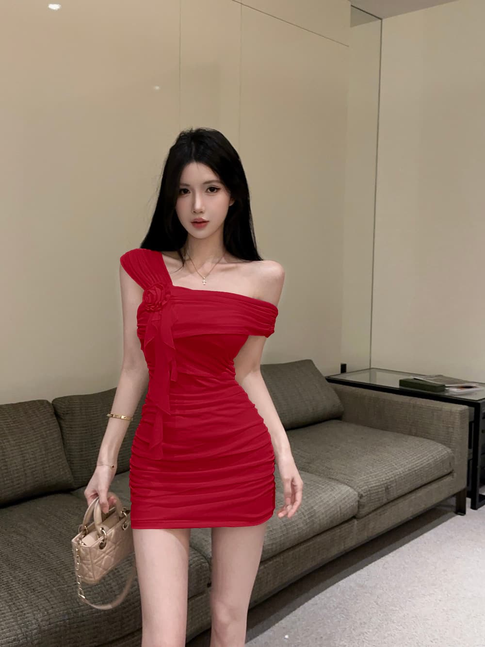 실사 순수한 욕망 섹시함 비스듬한 어깨 망사 3 차원 꽃 오프숄더 허리 수축 슬림해 보이는 타이트 스커트 드레스 상세 이미지 15