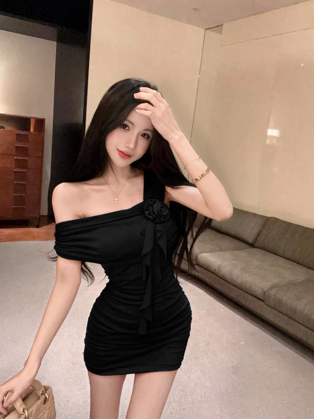 실사 순수한 욕망 섹시함 비스듬한 어깨 망사 3 차원 꽃 오프숄더 허리 수축 슬림해 보이는 타이트 스커트 드레스 상세 이미지 18