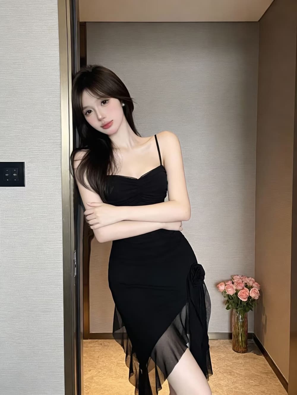 실사 디자인 센스 불규칙 슬립 꽃 주름 허리 수축 슬림해 보이는 품격 드레스 상세 이미지 17