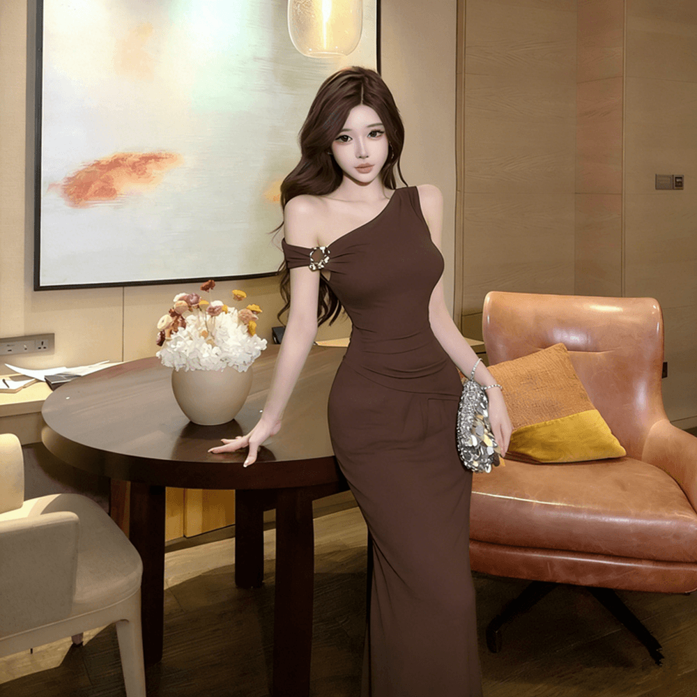 실사 순수한 욕망 레트로 품격 주름 비스듬한 어깨 허리 수축 슬림해 보이는 타이트 스커트 드레스 상세 이미지 2