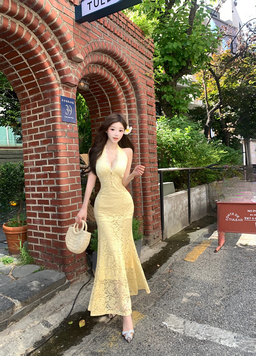 실사 순수한 욕망 핫걸 레이스 행침 목 해변가 휴가 백리스 섹시함 허리 수축 타이트 스커트 드레스 이미지 2