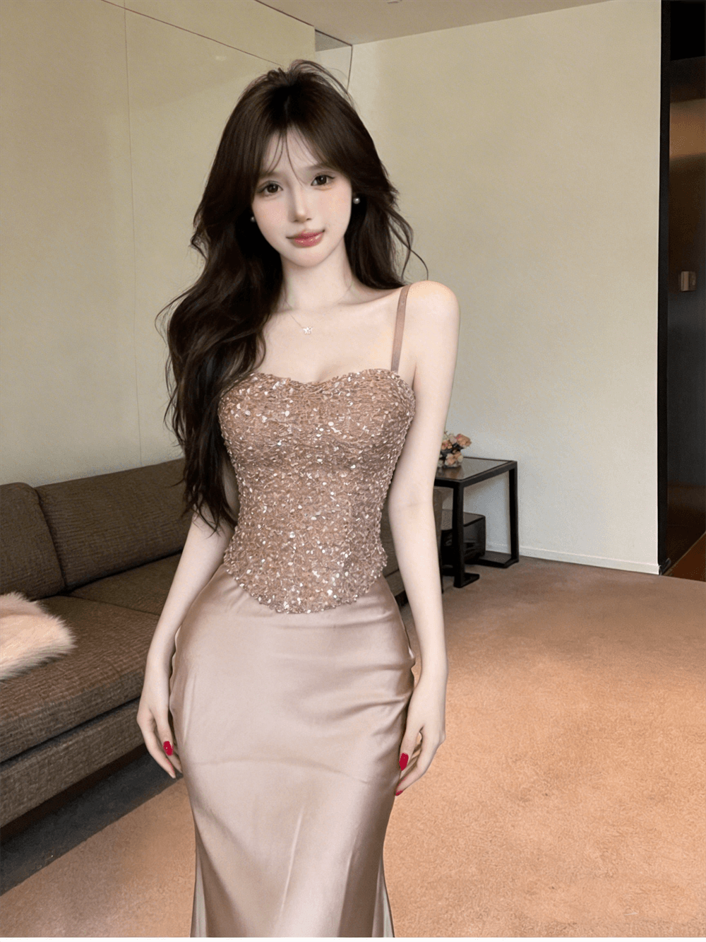 실사 부유 한 가족 천 골드 품격 명문 여성 무거운 작업 스팽글 슬립 튜브탑 맨위 하이웨이스트 인어 꼬리 반신 스커트 투피스 세트 상세 이미지 12