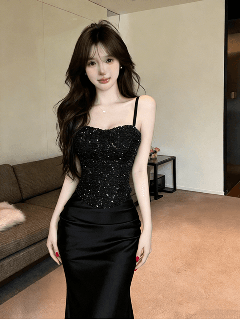 실사 부유 한 가족 천 골드 품격 명문 여성 무거운 작업 스팽글 슬립 튜브탑 맨위 하이웨이스트 인어 꼬리 반신 스커트 투피스 세트 상세 이미지 17