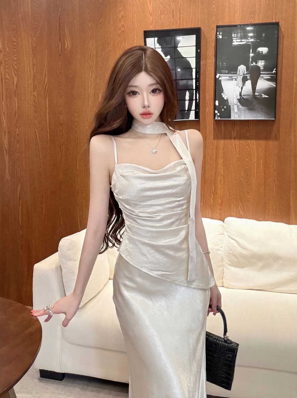 실사 프랑스식 명문 여성 흔들다 칼라 품격 새틴 페이크 레이어드 인어 꼬리 허리 수축 슬림해 보이는 드레스 이미지 2