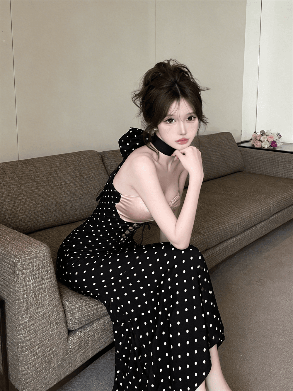 실사 순수한 욕망 섹시함 스트랩 도트 무늬 허리 수축 백리스 휴가 슬림해 보이는 타이트 스커트 드레스 상세 이미지 13