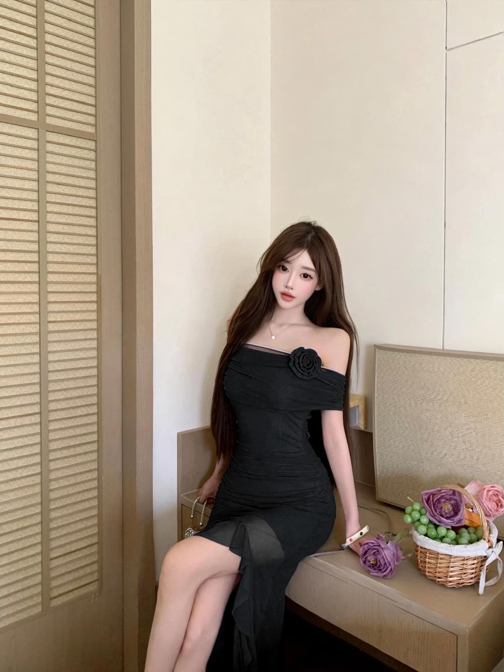 실사 순수한 욕망 오프숄더 불규칙 섹시함 프릴 패치워크 허리 수축 슬림해 보이는 드레스 상세 이미지 5