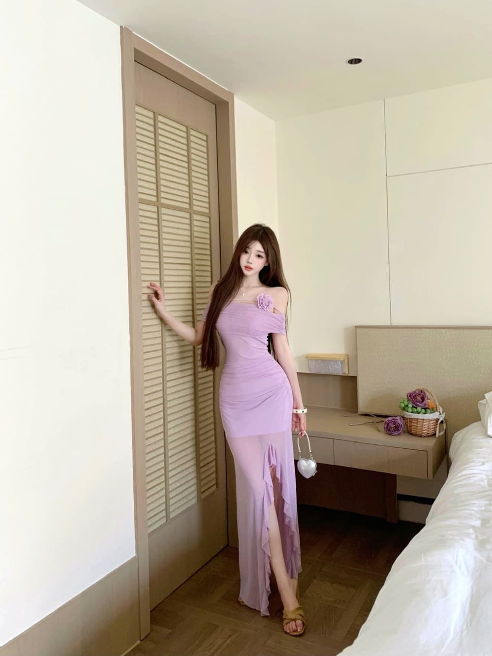 실사 순수한 욕망 오프숄더 불규칙 섹시함 프릴 패치워크 허리 수축 슬림해 보이는 드레스 상세 이미지 12