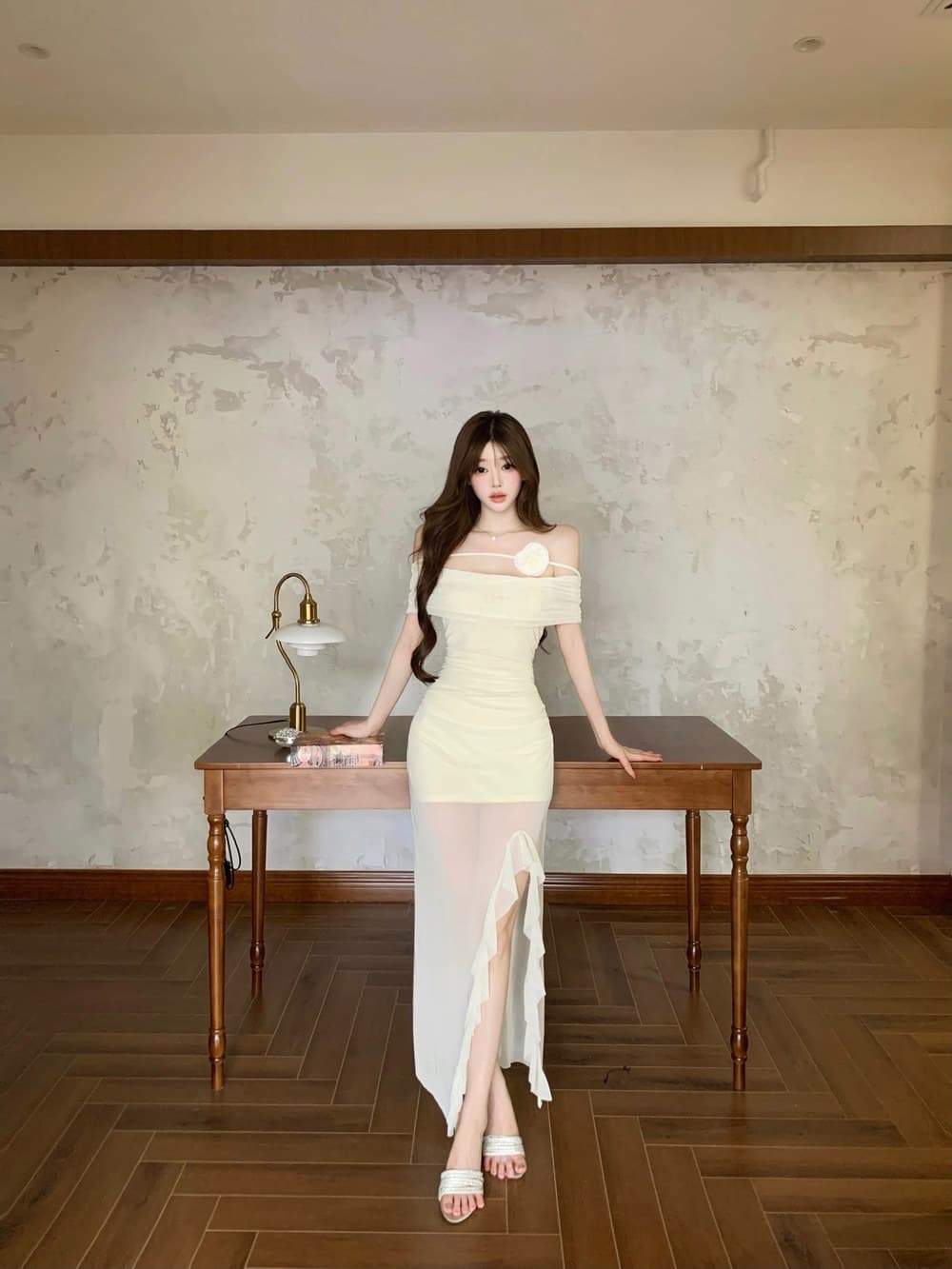 실사 순수한 욕망 오프숄더 불규칙 섹시함 프릴 패치워크 허리 수축 슬림해 보이는 드레스 상세 이미지 15