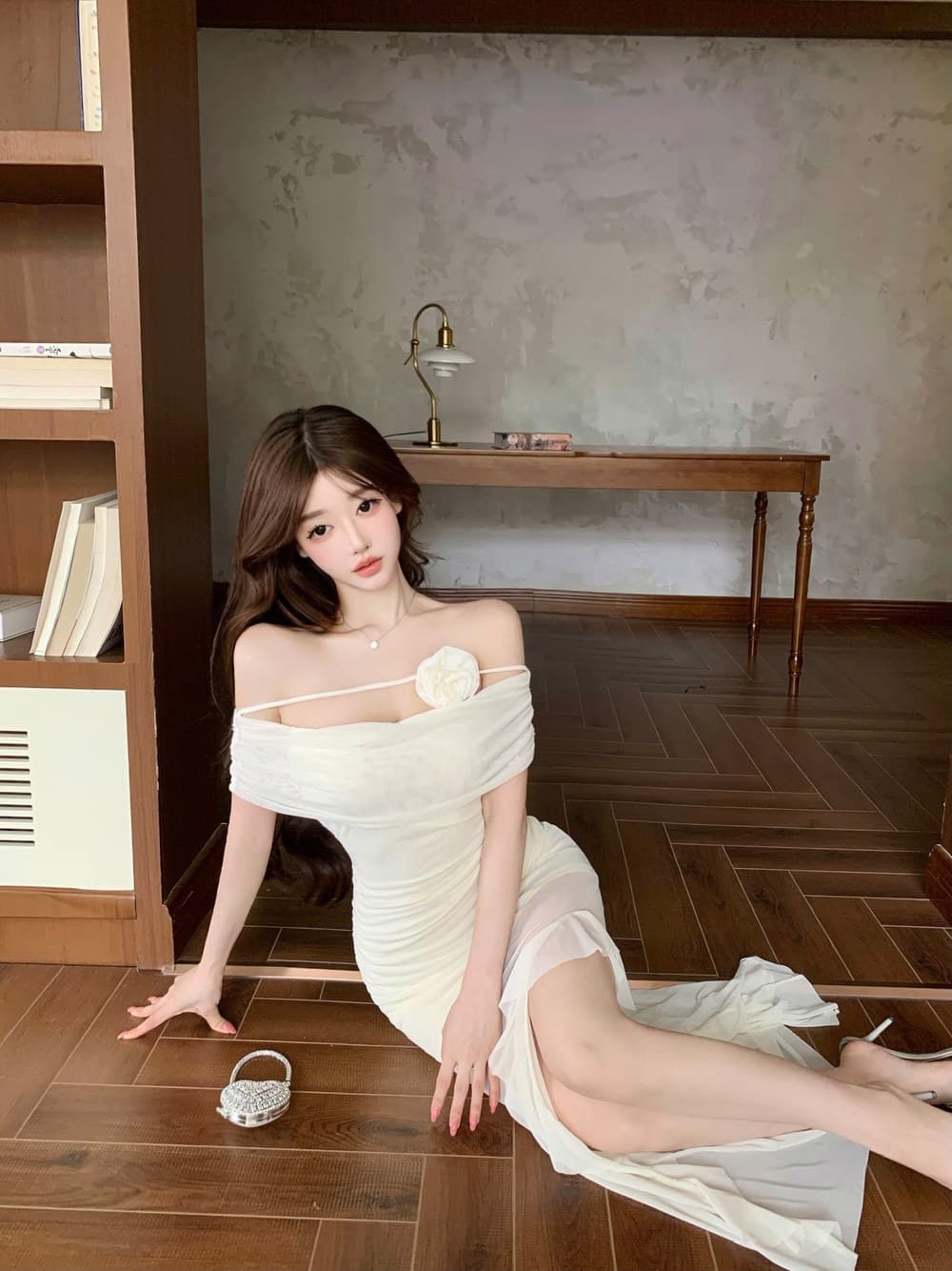실사 순수한 욕망 오프숄더 불규칙 섹시함 프릴 패치워크 허리 수축 슬림해 보이는 드레스 상세 이미지 21