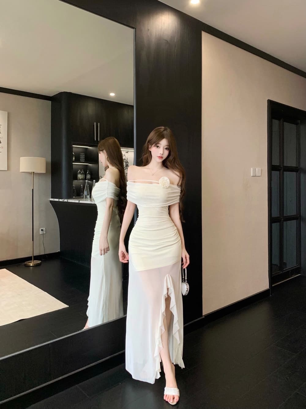 실사 순수한 욕망 오프숄더 불규칙 섹시함 프릴 패치워크 허리 수축 슬림해 보이는 드레스 상세 이미지 22