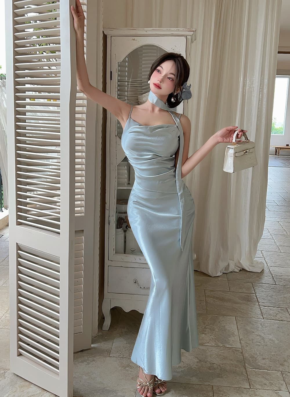 실사 프랑스식 명문 여성 흔들다 칼라 품격 새틴 페이크 레이어드 인어 꼬리 허리 수축 슬림해 보이는 드레스 상세 이미지 2