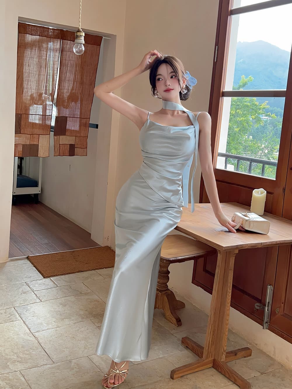 실사 프랑스식 명문 여성 흔들다 칼라 품격 새틴 페이크 레이어드 인어 꼬리 허리 수축 슬림해 보이는 드레스 상세 이미지 10