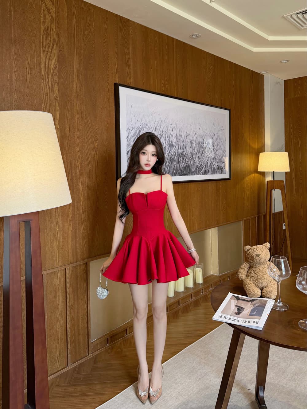 실사 분위기 센스 착용 가져 가라. 빨간색 순수한 욕망 섹시함 핫걸 행침 목 나비 매듭 슬립 퍼프 드레스 상세 이미지 7