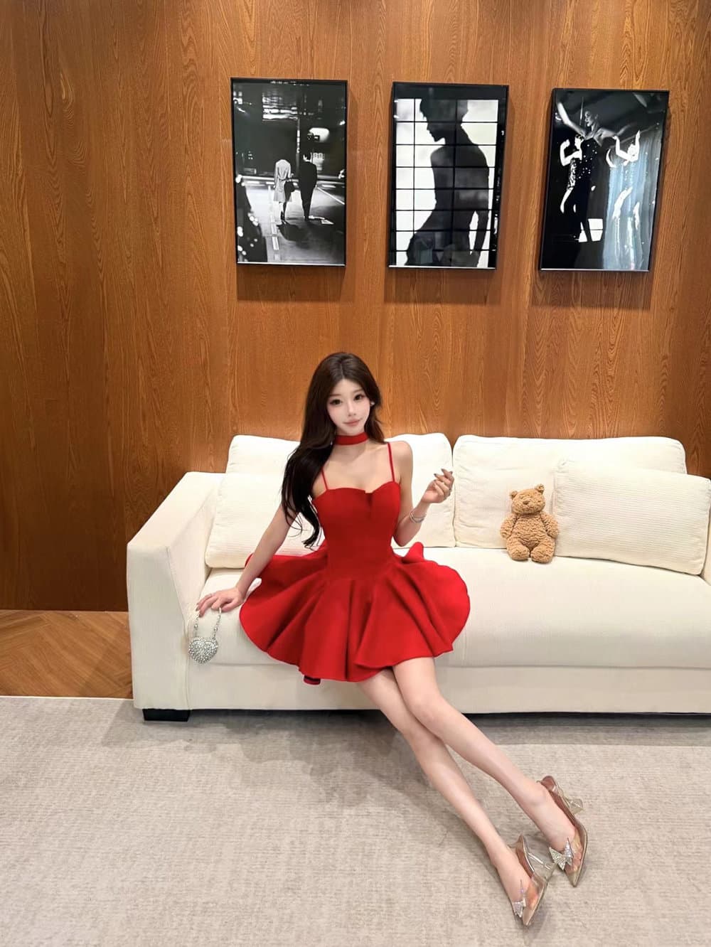 실사 분위기 센스 착용 가져 가라. 빨간색 순수한 욕망 섹시함 핫걸 행침 목 나비 매듭 슬립 퍼프 드레스 상세 이미지 9