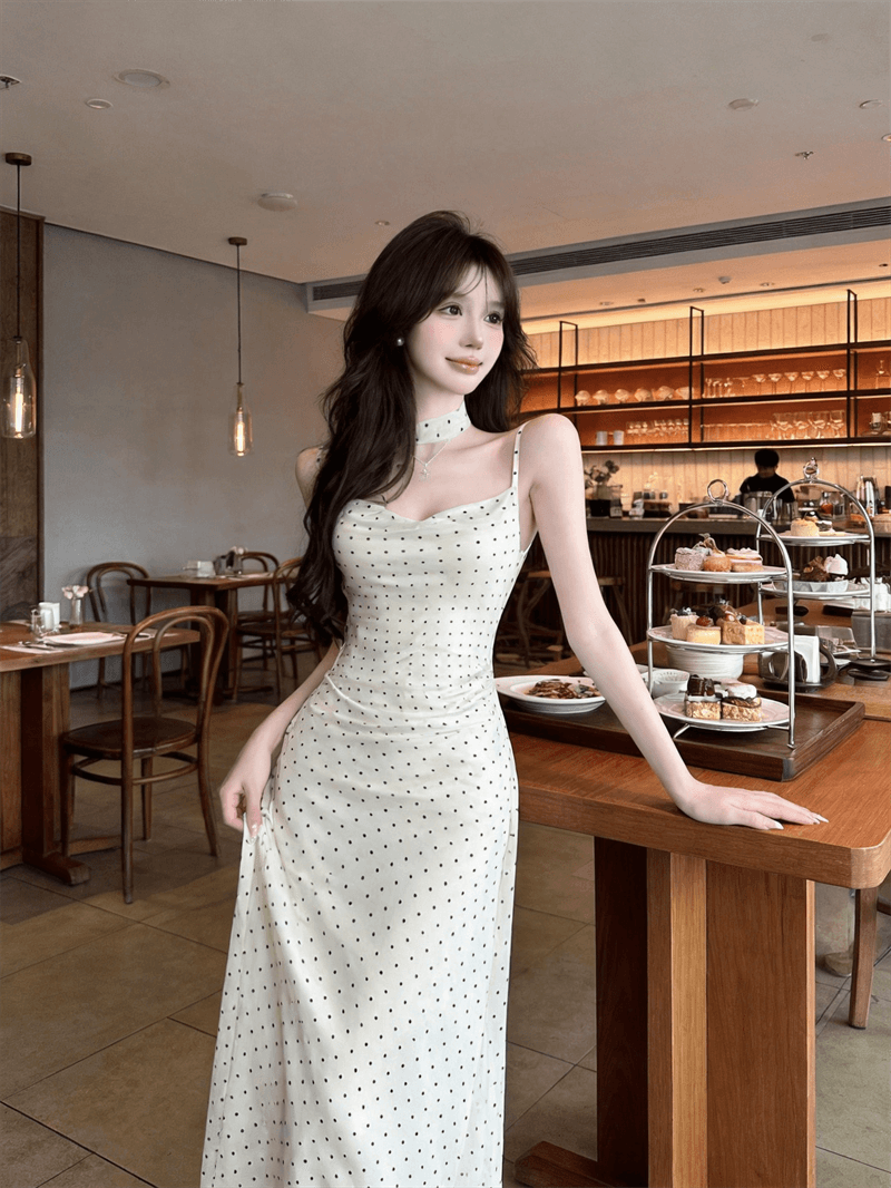 실사 순수한 욕망 작은 키 흔들다 칼라 허리 수축 도트 무늬 슬립 슬림해 보이는 드레스 이미지 4
