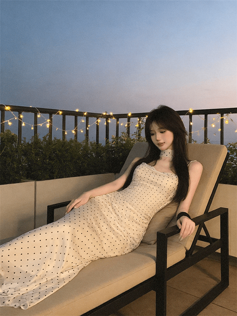 실사 순수한 욕망 작은 키 흔들다 칼라 허리 수축 도트 무늬 슬립 슬림해 보이는 드레스 상세 이미지 15