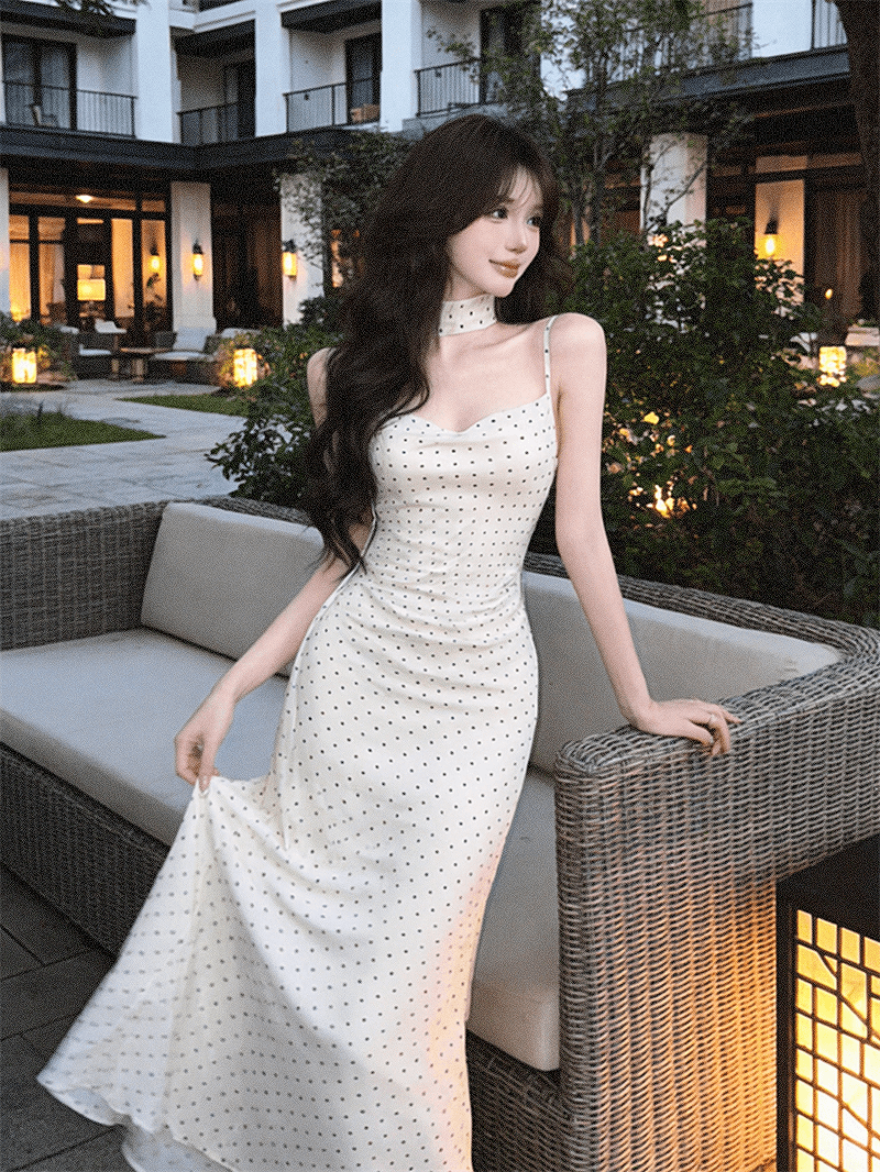실사 순수한 욕망 작은 키 흔들다 칼라 허리 수축 도트 무늬 슬립 슬림해 보이는 드레스 상세 이미지 16