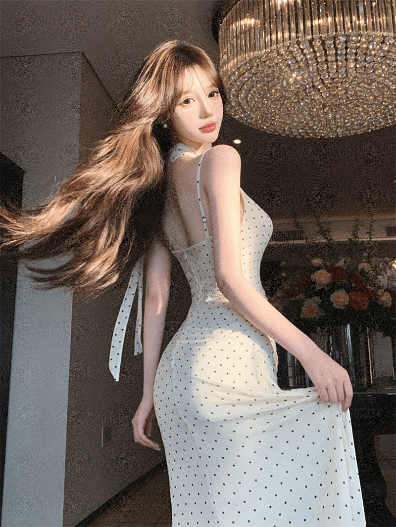 실사 순수한 욕망 작은 키 흔들다 칼라 허리 수축 도트 무늬 슬립 슬림해 보이는 드레스 상세 이미지 17