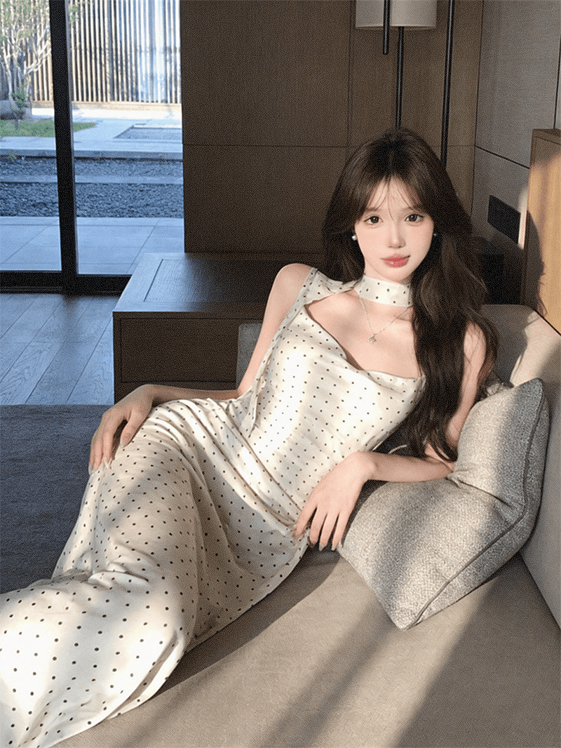 실사 순수한 욕망 작은 키 흔들다 칼라 허리 수축 도트 무늬 슬립 슬림해 보이는 드레스 상세 이미지 19