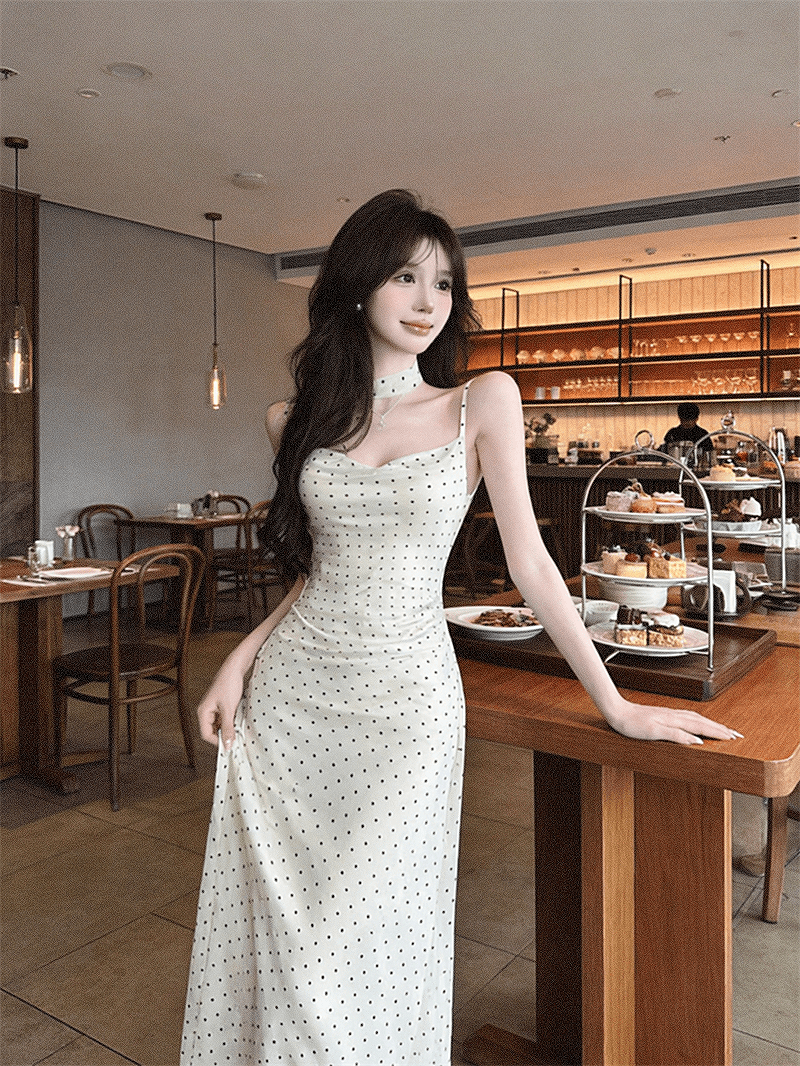 실사 순수한 욕망 작은 키 흔들다 칼라 허리 수축 도트 무늬 슬립 슬림해 보이는 드레스 상세 이미지 23
