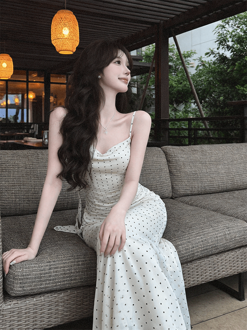 실사 순수한 욕망 작은 키 흔들다 칼라 허리 수축 도트 무늬 슬립 슬림해 보이는 드레스 상세 이미지 26