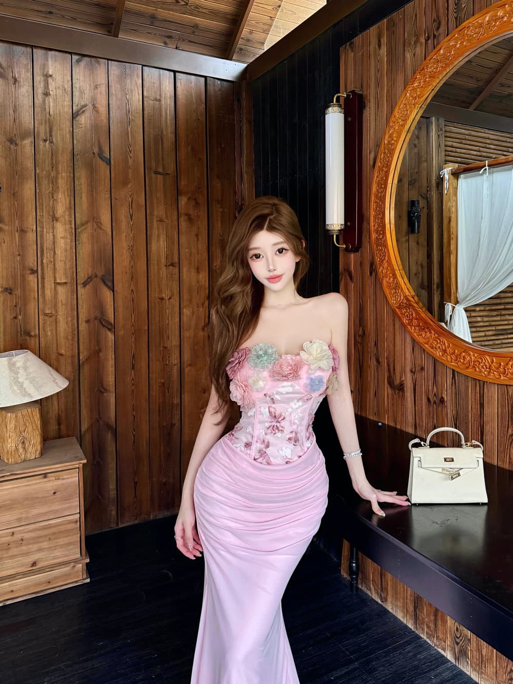 실사 명문 여성 품격 부드러운 핑크색 꽃 레이스 조각 망사 주름 슬립 인어 꼬리 예복 드레스 이미지 3