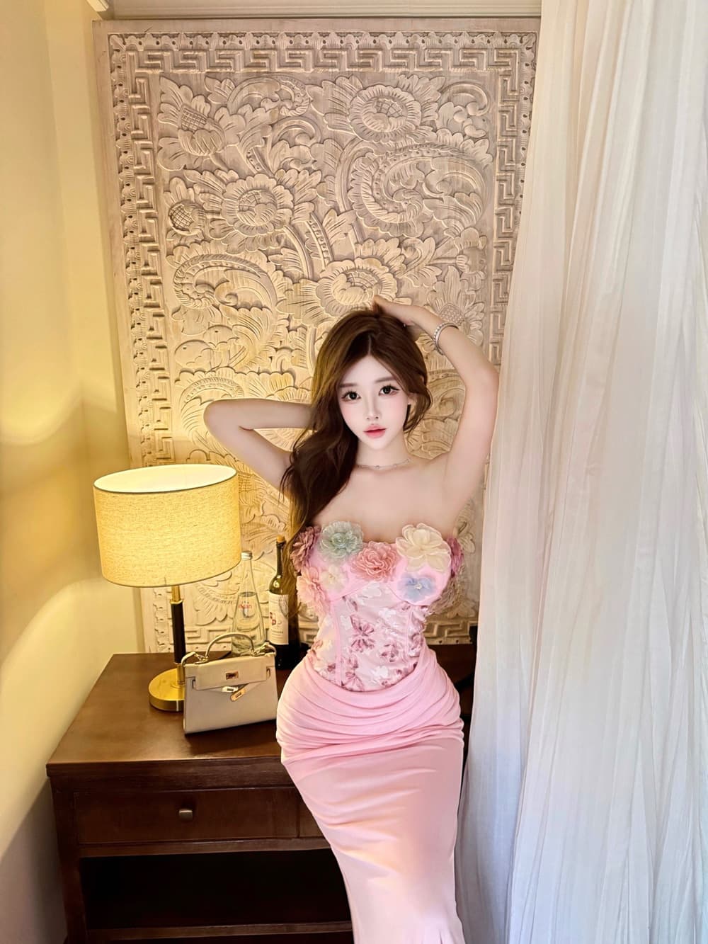 실사 명문 여성 품격 부드러운 핑크색 꽃 레이스 조각 망사 주름 슬립 인어 꼬리 예복 드레스 상세 이미지 5