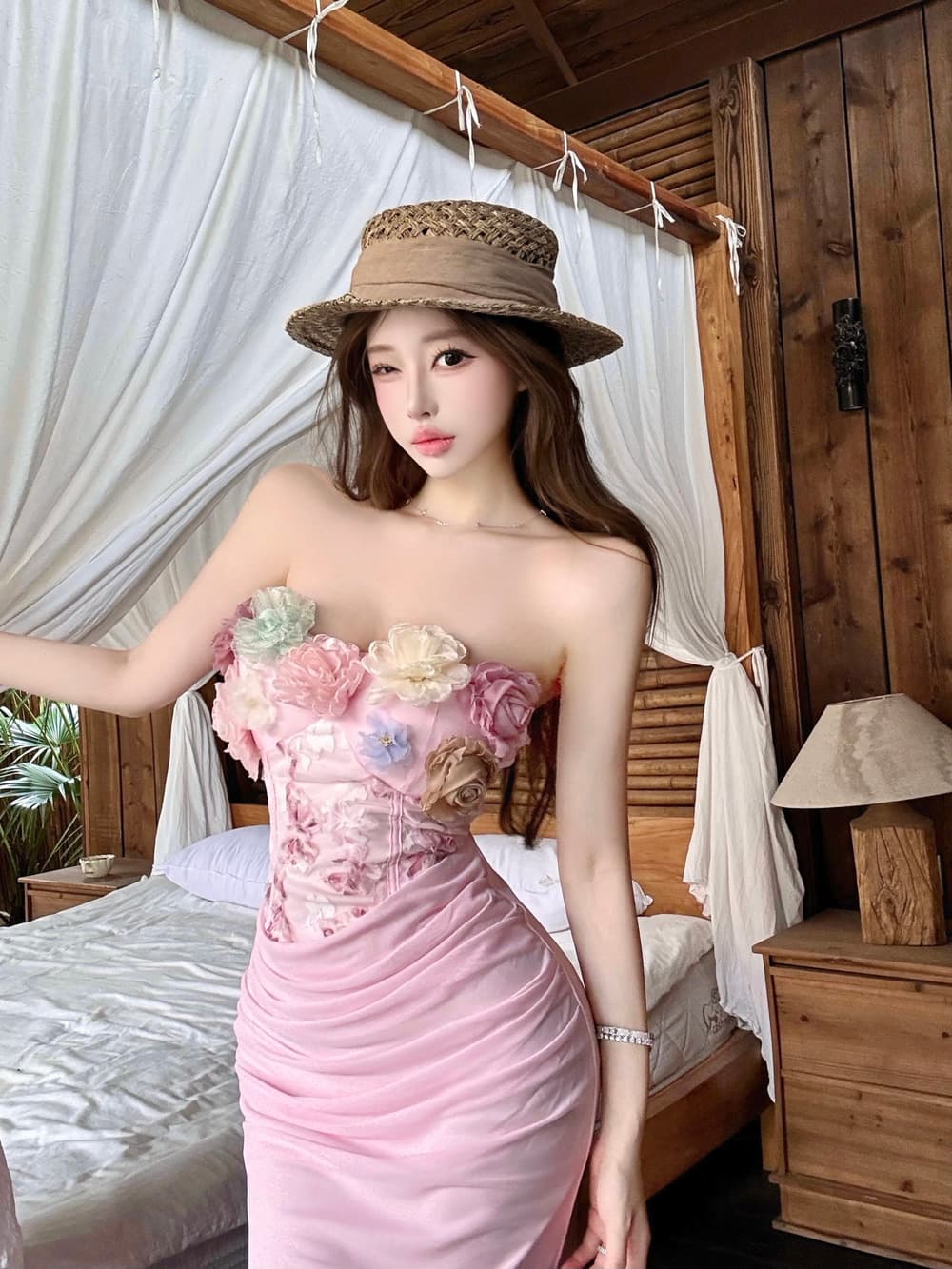 실사 명문 여성 품격 부드러운 핑크색 꽃 레이스 조각 망사 주름 슬립 인어 꼬리 예복 드레스 상세 이미지 6