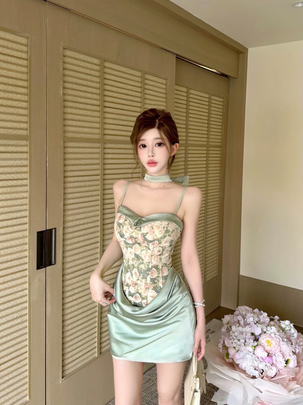 실사 프랑스식 명문 여성 달콤함 품격 고급 센스 꽃무늬 디자인 센스 주름 몸매 가꾸기 타이트 스커트 예복 치마 이미지 3