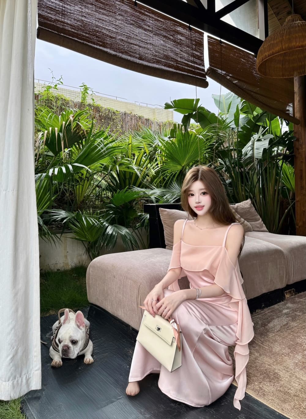실사 프랑스식 빛 요리 한 바람 새틴 슬립 프릴 오프숄더 품격 몸매 가꾸기 예복 드레스 이미지 3
