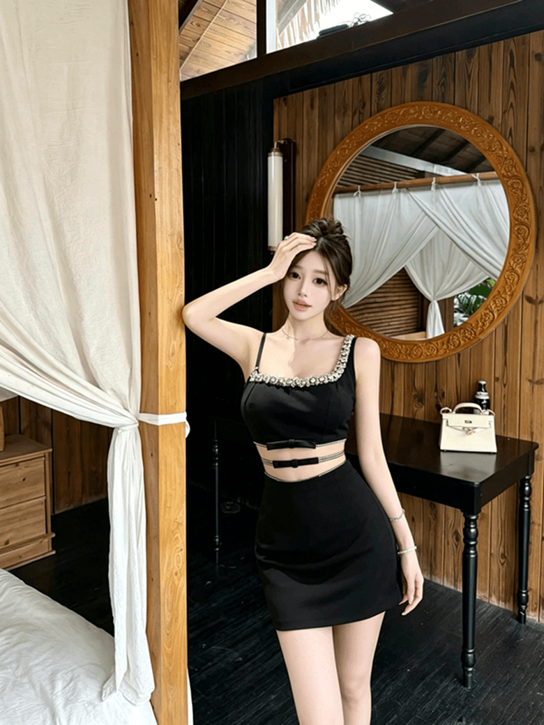 실사 순수한 욕망 무거운 작업 사쿠라 꽃가루 나비 매듭 망사 패치워크 훈련 사슬 광장 칼라 슬립 허리 수축 드레스 상세 이미지 12